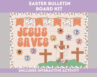 Resurrection Easter Bulletin Board Kit | Classroom Decor Church Board Printable | Retro Easter Door Decor | Pastel Theme| Photo Template