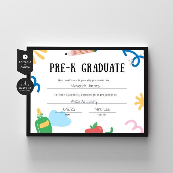 Editable PreK Template | Preschool Graduation Certificate | Last day of School Sign | Printable Diploma Template for Teachers J24