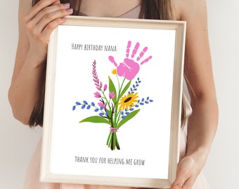 Handprint Printable For Nana Birthday | Handprint Keepsake from Kid | Custom Handprint Baby Art | DIY Kid Craft Flower Paint Activity | J02