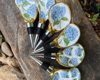 Wine Bottle Stopper, Oyster Wine Bottle Stopper, Oyster Shell, Decoupage, Mothers Day, Hydrangea, Bridesmaid Gift, Bachelorette Favor, Shell