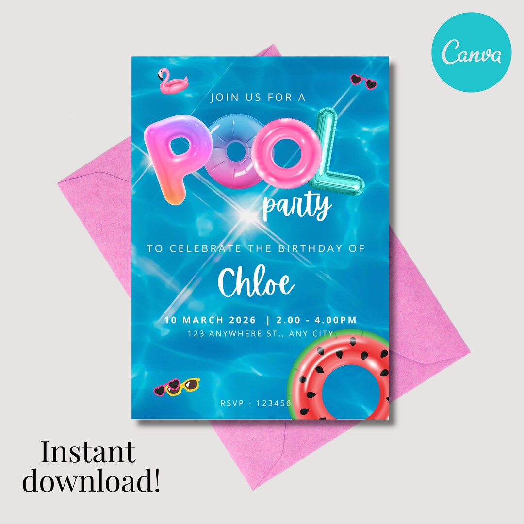 Buy Pool Party Invitation: Editable Canva Template (digital Download ...