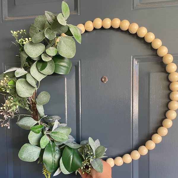 Eucalyptus and Wood Beads Wreath - Year Round HOOP Wreath - Front Door Farmhouse Decor