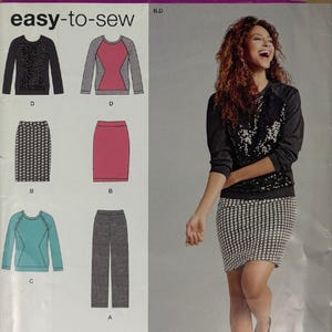 May include: A sewing pattern envelope labeled easy-to-sew featuring illustrations of long-sleeve tops, a skirt, and pants. The cover displays a photograph of a person wearing a black long-sleeve top with a sequined front and a houndstooth skirt.