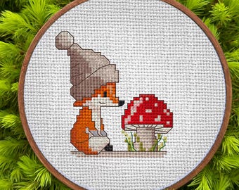 Little Fox with mushroom cross-stitch pattern
