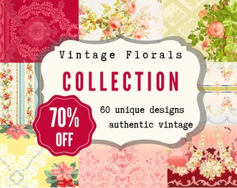 Printable Vintage Wallpaper, Antique Flowers and Floral Patterns, Digital Junk Journal Paper, Roses, Authentic Designs