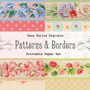 Pode incluir: Um conjunto de papel imprimível com padrões florais e bordas. O conjunto inclui uma variedade de designs, incluindo flores rosa e azuis, folhas verdes e padrões geométricos. O título do conjunto é "Yana Vallie Digitals Patterns & Borders Printable Paper Set".