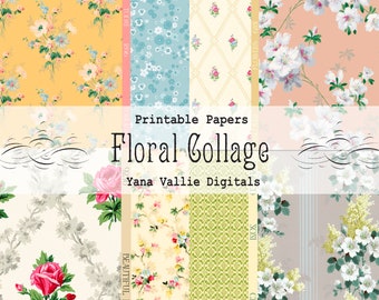 Utskrivbara collageark med vintageblommor, antika blommor och mönster, skräpjournalpapper, digital nedladdning direkt