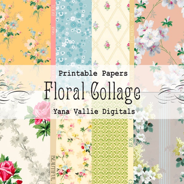 Vintage Floral Wallpaper Printable Collage Sheets, Antique Flowers & Patterns Junk Journal Papers, instant digital download