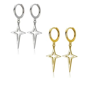 May include: A pair of silver hoop earrings with a dangling star charm and a pair of gold hoop earrings with a dangling star charm.