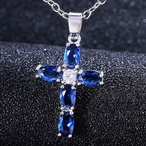 Oval Blue Stone Cross Pendant Delicate Women Necklace Daily Etsy