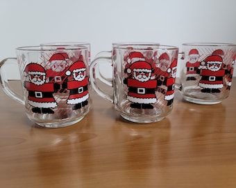 Five Vintage LUMINARC Clear SANTA CLAUS Christmas Coffee Cups