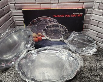 Vintage Mid-Century Elegant Oval Tray Set Bright Chrome Plated Set Of 3