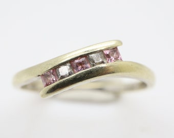 9Ct Gold Clear & Pink Cubic Zirconia Bypass Ring, Size P 1/2