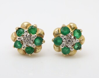 Vintage 9Ct Gold Emerald and Diamond Flower Stud Earrings