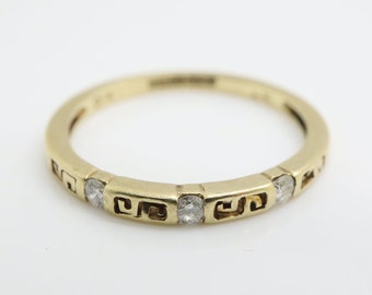 Vintage 9ct Gold 3 Stone Diamond Greek Key Band Ring, Size EU 9