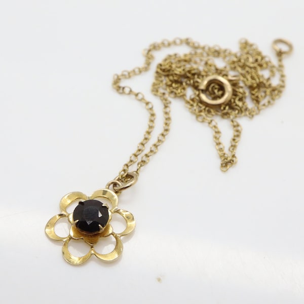 vintage 9ct Gold Garnet Flower Pendentif Collier