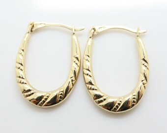 Vintage 9ct Yellow Gold Small Oval Etched Hoop Earrings