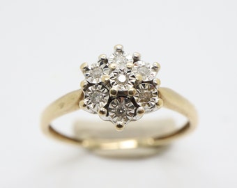 Vintage 9Ct Yellow Gold Diamond Cluster Ring, Size 13