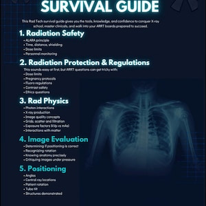 Könnte beinhalten: Ein dunkelblaues X-Ray Survival Guide mit weißem und hellblauem Text. Der Leitfaden behandelt Themen wie Strahlenschutz, Schutz, Vorschriften, Physik, Bildauswertung und Positionierung. Im Hintergrund befindet sich ein Röntgenbild eines menschlichen Torsos.