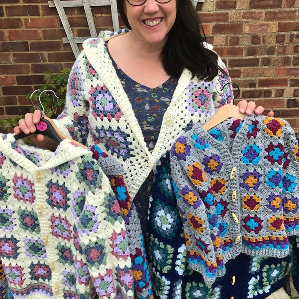 Patrón de cárdigan de crochet Grandma Square, Cárdigan de crochet, Patrón de cárdigan de crochet para adultos y niños, Patrón de chaqueta de crochet con capucha