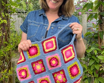 Granny Square Bag Pattern, Crochet Bag Pattern, Crochet Handbag Pattern, Crochet Tote Pattern, Floral Granny Square Bag Pattern