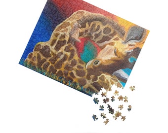 May include: A jigsaw puzzle depicting a giraffe against a backdrop of red, blue, and yellow hues. Some pieces are falling from the main puzzle. The image has a vibrant and engaging design.