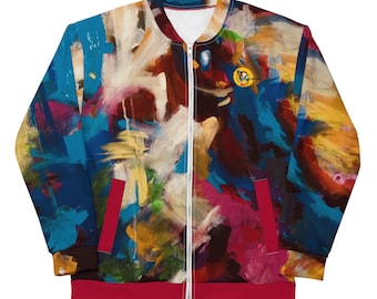 Puede incluir: Chaqueta bomber con cremallera completa con un diseño de arte abstracto. La chaqueta presenta una vibrante mezcla de colores, incluyendo azul, rojo, amarillo y blanco, creando un efecto pictórico. Tiene un ribete rojo en los bolsillos y el dobladillo inferior.