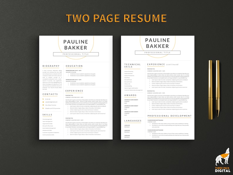 Modern Two Page Resume Template Professional CV Set Instant Download