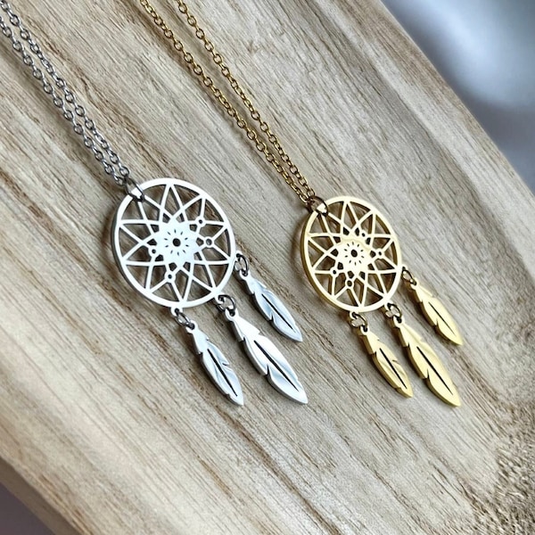 Dream catcher necklace - Gold stainless steel anti-tarnish - Waterproof silver feather love spiritual - Pendant gift idea