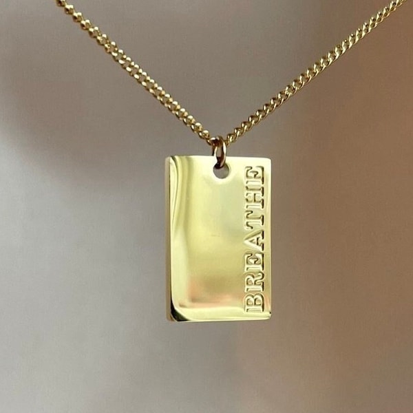 Gold pendant necklace - Breathe rectangular engraved  - Quote necklace - Stainless steel self love