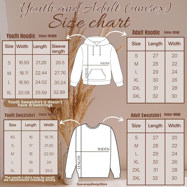 May include: A size chart for youth and adult unisex hoodies and sweatshirts. The chart includes measurements for width, length, and sleeve length in inches. The text "Youth Sweatshirt it doesn't have drawstrings" is also included.