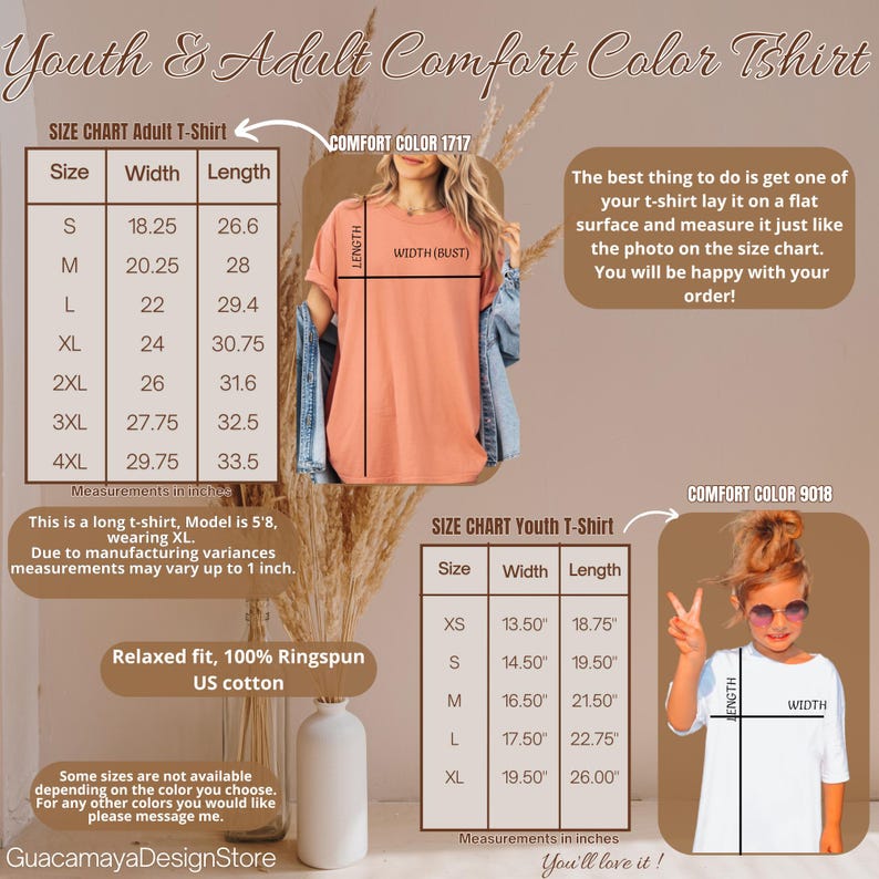 May include: A peach-colored t-shirt with size charts for youth and adult sizes. The adult chart shows measurements in inches, with sizes ranging from S to 4XL. The youth chart also provides measurements in inches, from XS to XL. The shirt is relaxed fit, made of 100% ringspun US cotton.