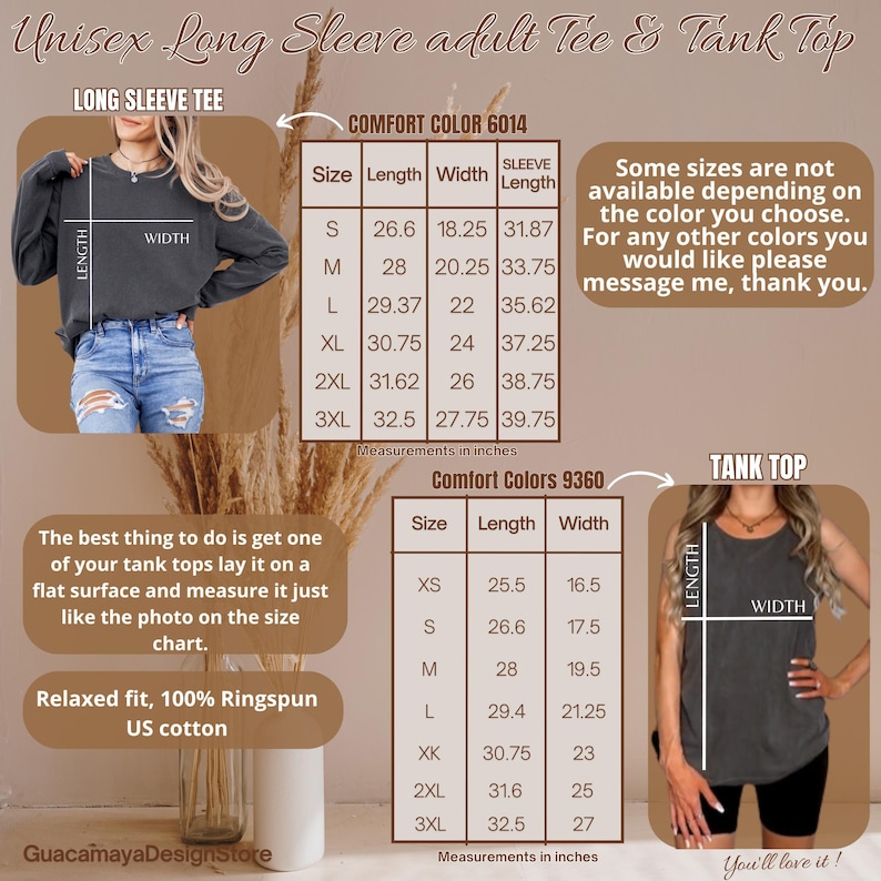 May include: A unisex long sleeve tee and tank top with size charts. The long sleeve tee is shown in a dark gray color. The tank top is also shown in a dark gray color. The text on the image says "Relaxed fit, 100% Ringspun US cotton."