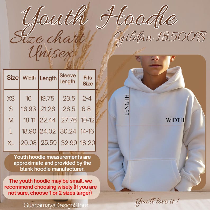 May include: A white youth hoodie with a size chart and the text "Youth Hoodie" and "Gildan 18500B". The size chart includes measurements in inches for width, length, and sleeve length, along with the fits size. The text "You'll love it!" is also present.
