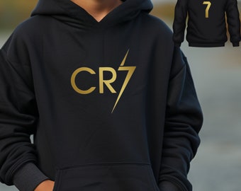 Kids Ronaldo Inspired Soccer Hoodie Jumper footy merch Jumper Boys Girls Gift Top Tee CR7youth hoodie Number 7 #7 letter gold