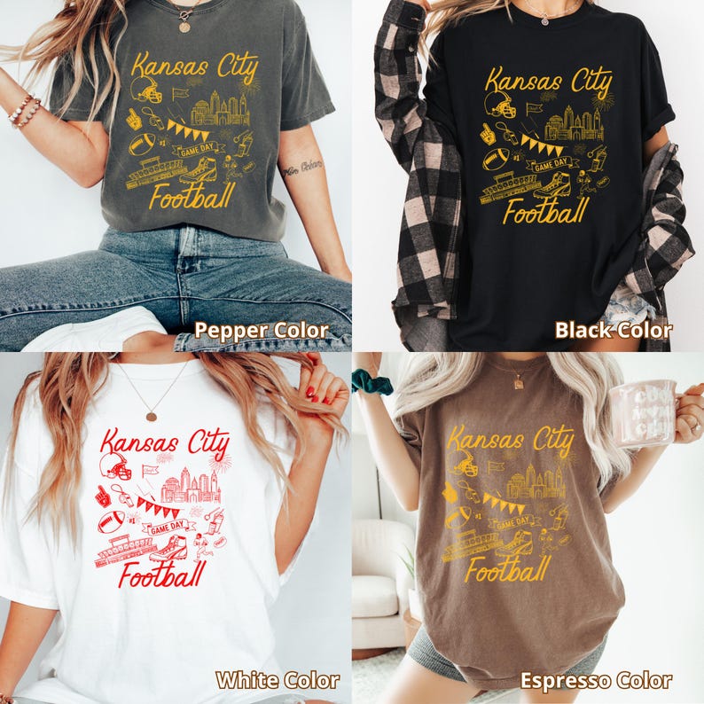 May include: Four t-shirts in pepper, black, white, and espresso colors. Each shirt features the text "Kansas City Football" with a graphic of a football helmet, cityscape, and other football-related icons. The shirts are casual wear.