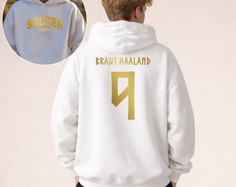 Kids Erling #9 Soccer Hoodie - Haaland Inspired Gift, Haaland youth & adult unisex hoodie, norway letter gold front and back designs