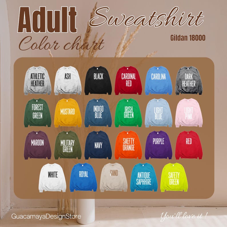 May include: Color chart of Gildan 18000 adult sweatshirts in various colors, including Athletic Heather, Black, Cardinal Red, and Safety Green. The image displays a range of options for potential buyers.