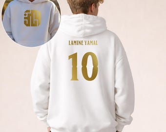 Kids Yamal #10 Soccer Hoodie, Lamine Inspired Gift, Yamal youth & adult unisex hoodie, barca sweatshirt letter gold front and back designs