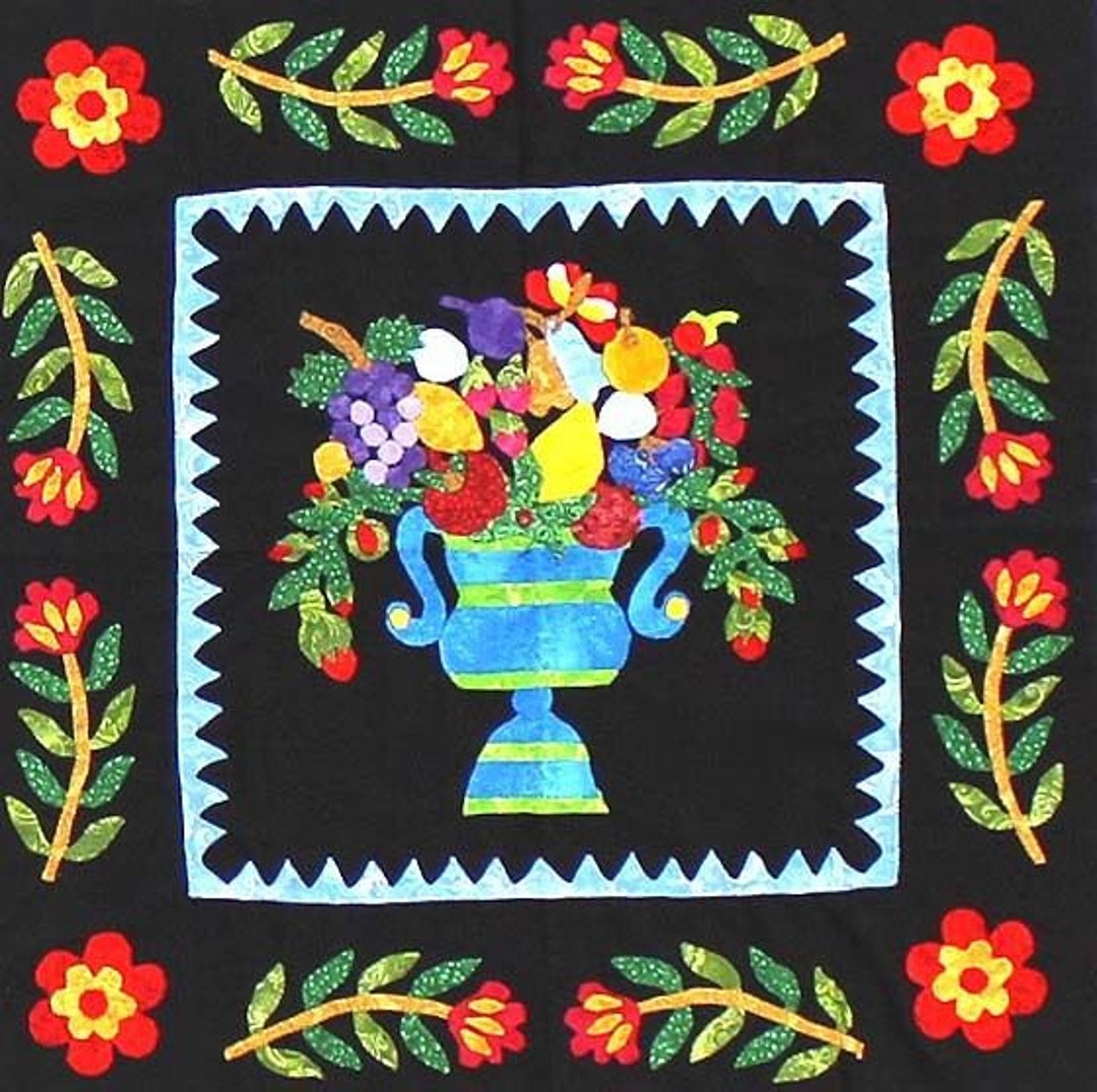 Hand Applique Floral Fruit Basket WALL QUILT TOP Beautiful Small