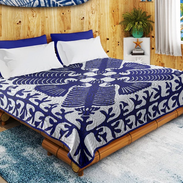 Hawaiian styled Fern FINISHED QUILT - Graphic Blue & White - Queen size