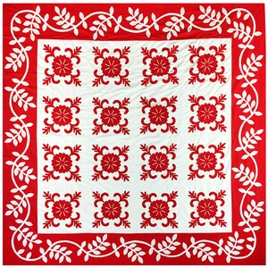 Red & White Hand Applique Sand Dollar QUILT TOP - Incredible vine border finish