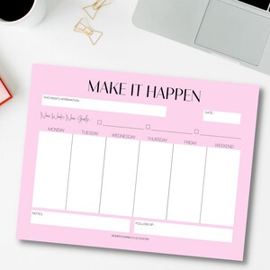 Libreta de notas con diseño semanal sin fecha / Rosa / Hazlo realidad / Notas estéticas / Metas / Afirmación
