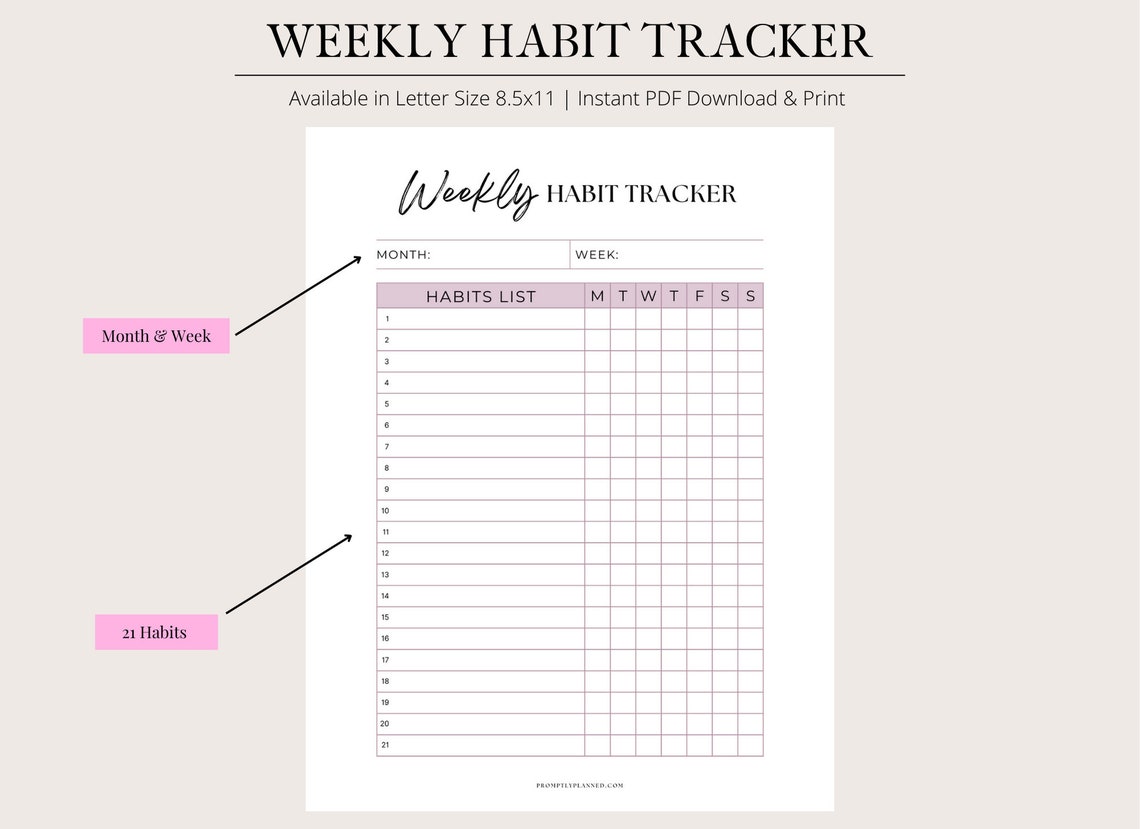 Habit Tracker Printable Digital Download Letter Size Monthly Weekly PDF ...