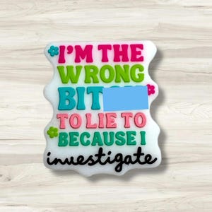 May include: A white, irregular-shaped decorative item with the text "I'M THE WRONG BIT TO LIE TO BECAUSE I investigate" in various colors. The text is in pink, green, blue, and black, with floral accents.