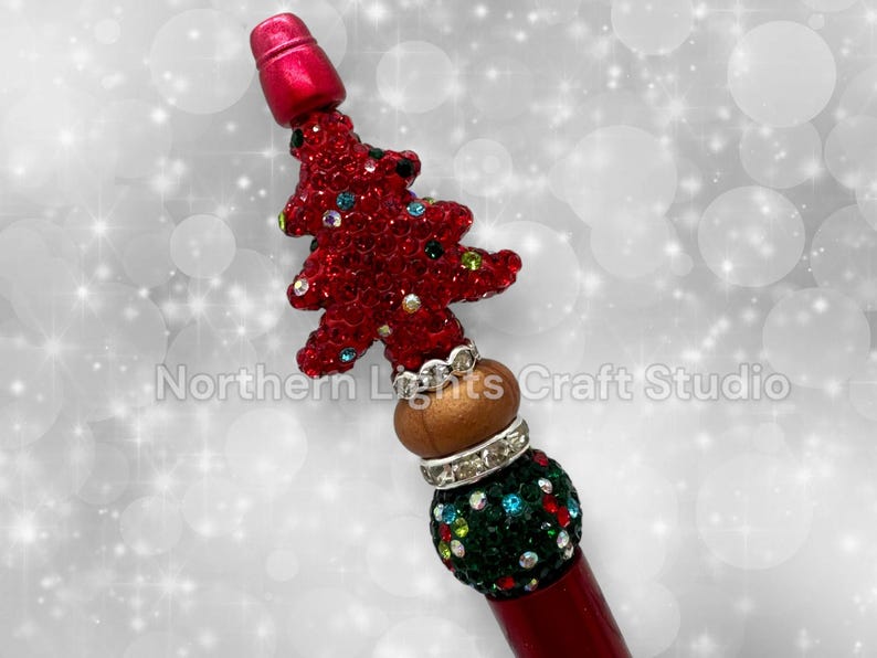Beaded Rhinestone Christmas Tree Pen, Bling Bead Pen, Christmas Stocking Stuffer, Fancy Bead Pen, Bling Christmas Tree Pen Red Bling
