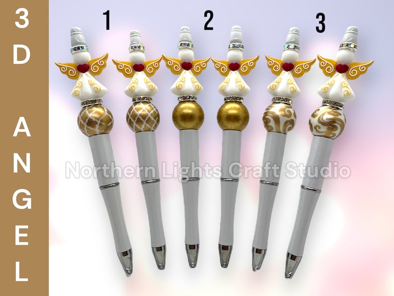 Custom Beaded Angel Pen, Silicone Angel Bead, Christmas Angel Gift, Handmade Cross Gift, Heart Angel, Gold Angel Pen, Black Ballpoint Pen image 1