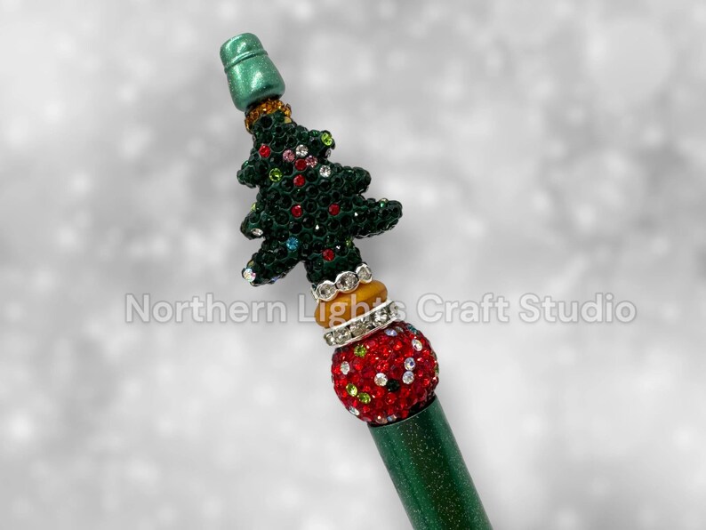 Beaded Rhinestone Christmas Tree Pen, Bling Bead Pen, Christmas Stocking Stuffer, Fancy Bead Pen, Bling Christmas Tree Pen Dark Green Tree