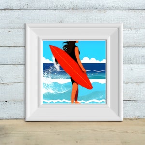 Surf Girl Print, Surfing Art, Surfer Girl Poster, Instant Download, Beach Themed Wall Art, AI illustration