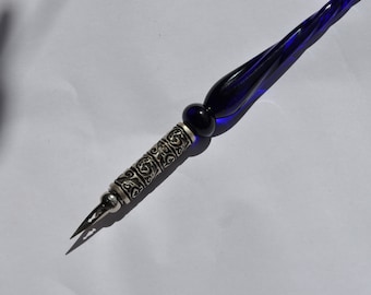 Kalligraphie Schreibfeder aus Murano Glas mit Metallschaft dunkles blau